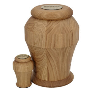 Premium solid oak wooden urn for human ashes with matching keepsake urn displayed together.