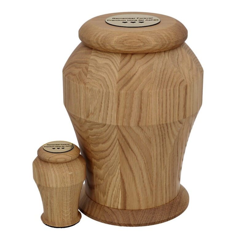 Premium solid oak wooden urn for human ashes with matching keepsake urn displayed together.