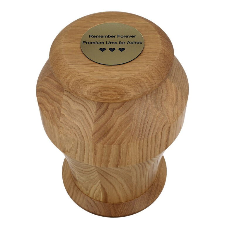 Top view of premium solid oak cremation urn.