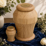 Premium solid oak cremation urn with matching keepsake urn in memorial setting.