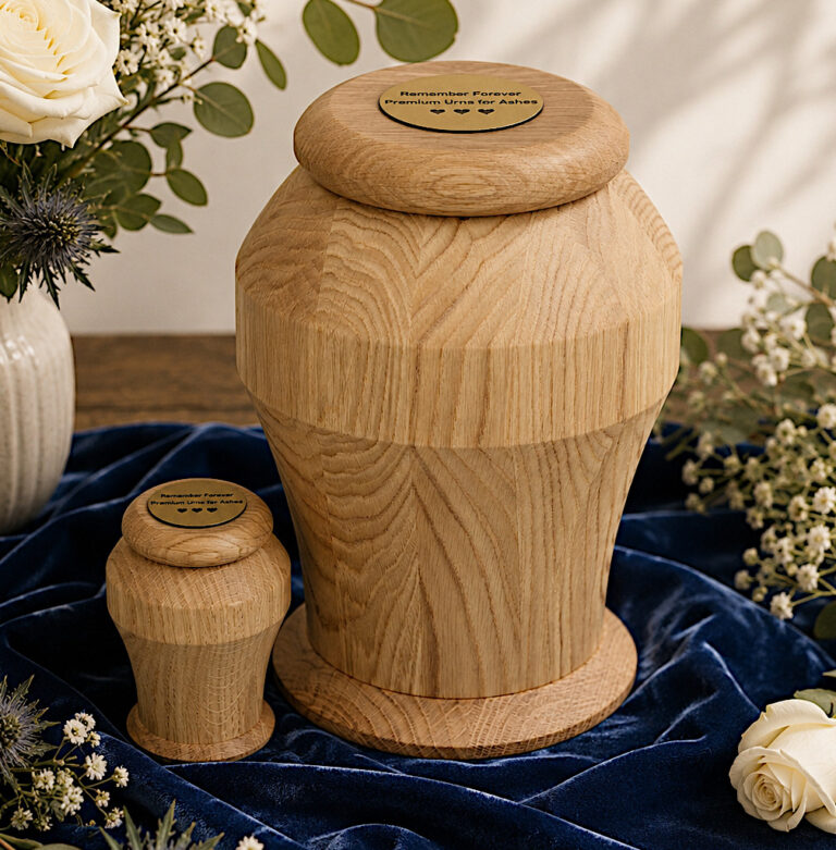 Premium solid oak cremation urn with matching keepsake urn in memorial setting.