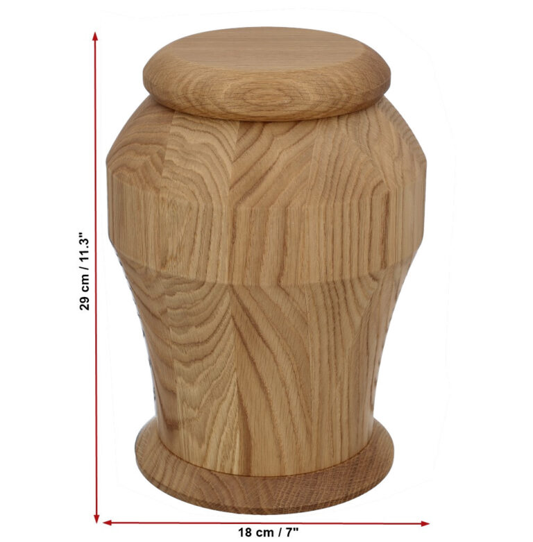 Premium solid oak cremation urn dimensions 29 cm x 18 cm.