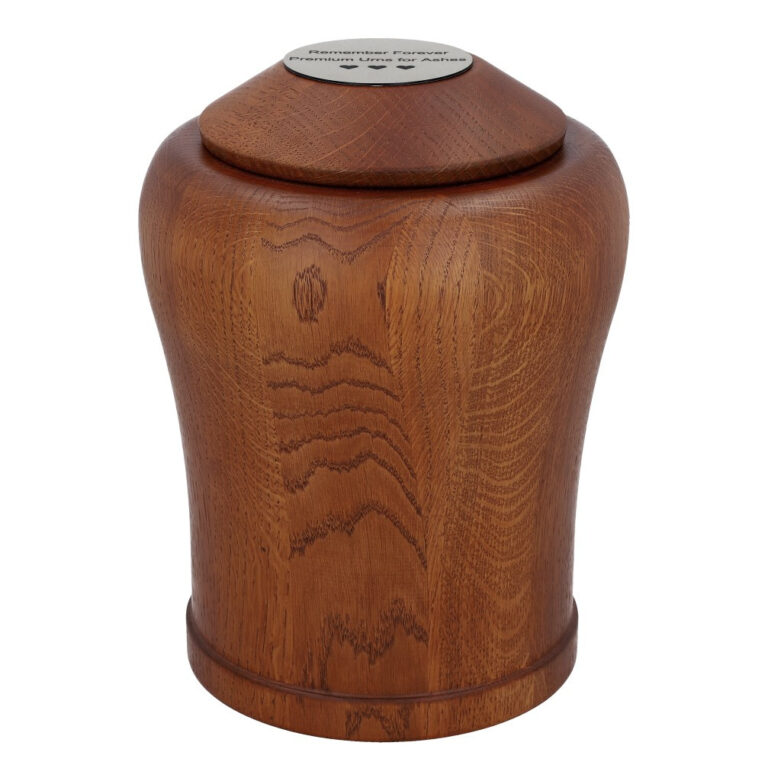 Premium solid oak wooden urn for human ashes with memorial plaque.