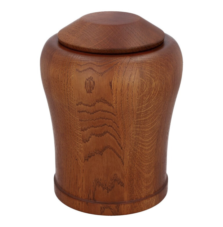 Solid oak wooden cremation urn in walnut finish.