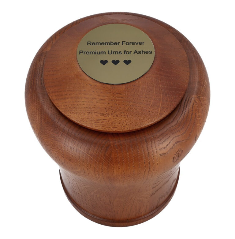 Top view of premium solid oak cremation urn.