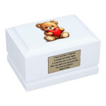 Teddy Bear with Heart Baby Cremation Urn – White Wooden Memorial Urn Front Angled View
