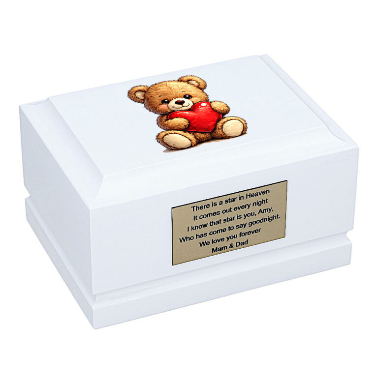Teddy Bear with Heart Baby Cremation Urn – White Wooden Memorial Urn Front Angled View