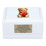 White Wooden Child Memorial Urn with Teddy Bear Holding a Heart – Front View