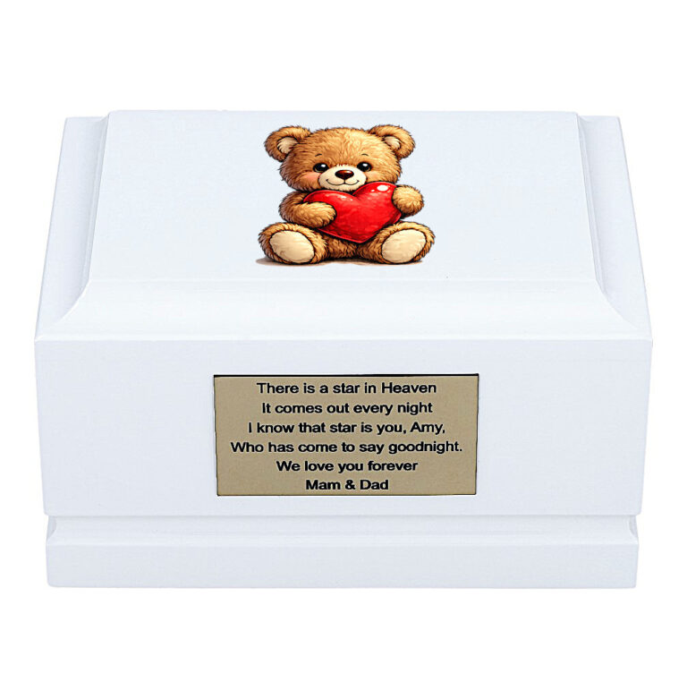 White Wooden Child Memorial Urn with Teddy Bear Holding a Heart – Front View