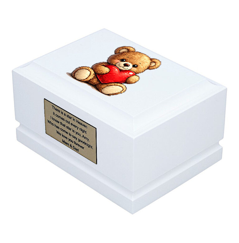 Teddy Bear with Heart Baby Cremation Urn – White Wooden Urn Side Perspective