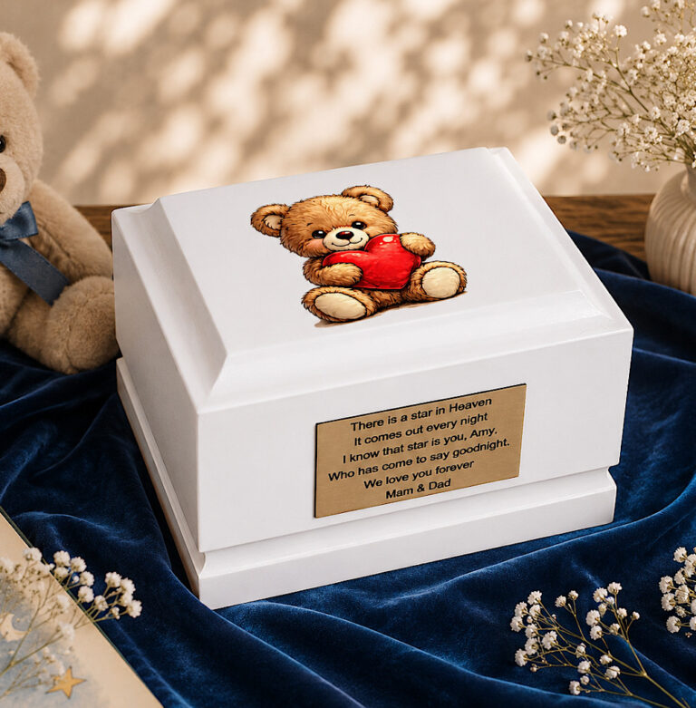 Teddy Bear with Heart Baby Cremation Urn Displayed in a Peaceful Memorial Setting