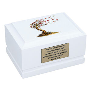 Tree of Life Baby Cremation Urn – White Wooden Memorial Urn Front Angled View
