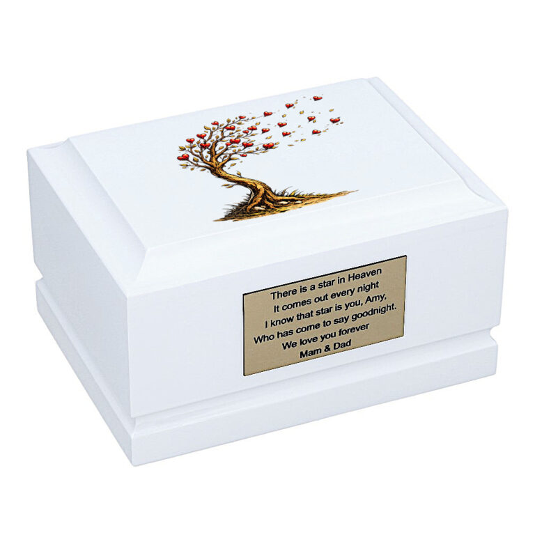 Tree of Life Baby Cremation Urn – White Wooden Memorial Urn Front Angled View