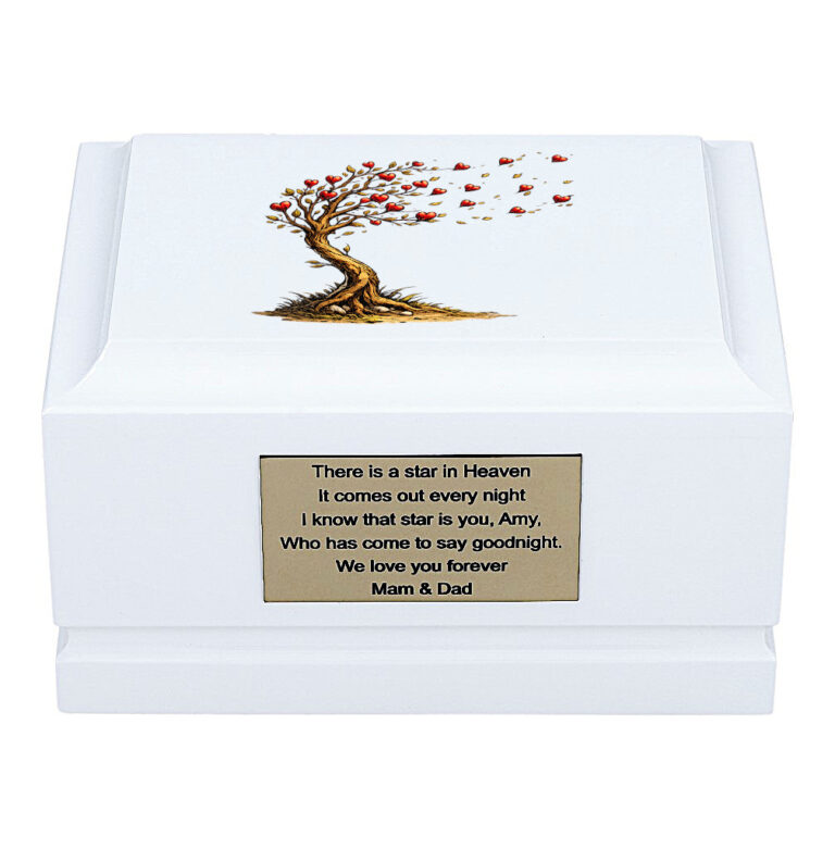 White Wooden Child Memorial Urn with Tree of Life Design – Front View