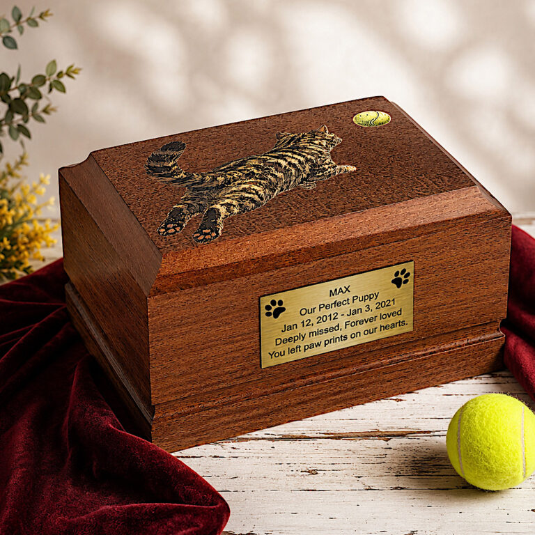 Urna funeraria de madera para gatos con diseño de gato jugando expuesta en un entorno conmemorativo Urna funeraria de madera para gatos <br/>