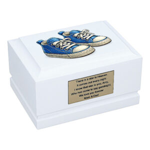 White Wooden Child Cremation Urn with Blue Baby Shoes Design – Baby Memorial Urn for Ashes Front Angled View