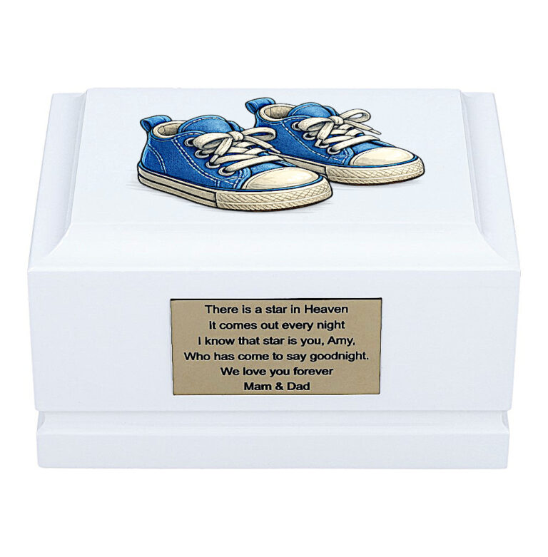 White Wooden Baby Cremation Urn with Blue Baby Shoes – Front View Memorial Urn for Child Ashes
