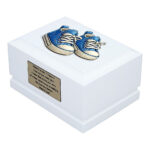 Blue Baby Shoes Child Cremation Urn – White Wooden Memorial Urn for Ashes Side Perspective