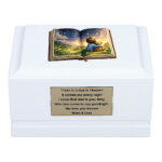 White Wooden Child Memorial Urn with Storybook of Memories Design – Front View Cremation Urn for Ashes
