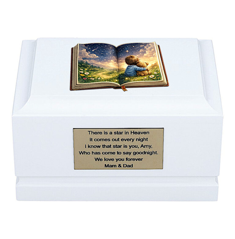 White Wooden Child Memorial Urn with Storybook of Memories Design – Front View Cremation Urn for Ashes