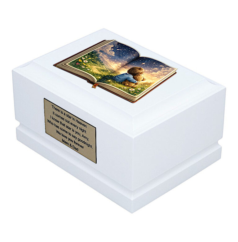 Storybook of Memories Baby Cremation Urn – White Wooden Child Urn Side Perspective