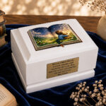 White Wooden Storybook of Memories Child Cremation Urn Displayed in an Elegant Memorial Setting