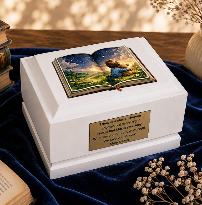 White Wooden Storybook of Memories Child Cremation Urn Displayed in an Elegant Memorial Setting