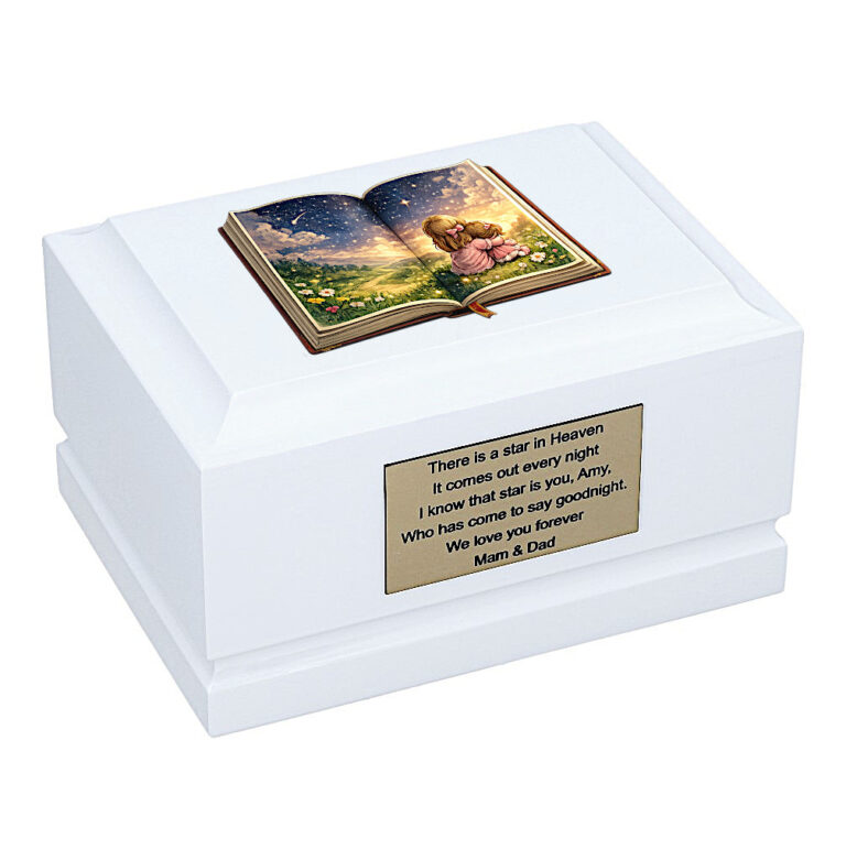 Book Theme Girl Cremation Urn – White Wooden Child Memorial Urn with Storybook Design for Ashes
