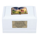 White Wooden Child Cremation Urn with Storybook Girl Design – Front View Memorial Urn for Ashes