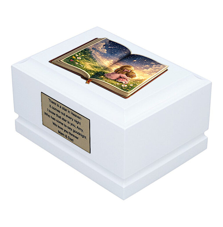 Book Theme Girl Child Cremation Urn – White Wooden Memorial Urn Side Perspective