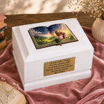 White Wooden Book Theme Girl Cremation Urn Displayed in an Elegant Memorial Setting