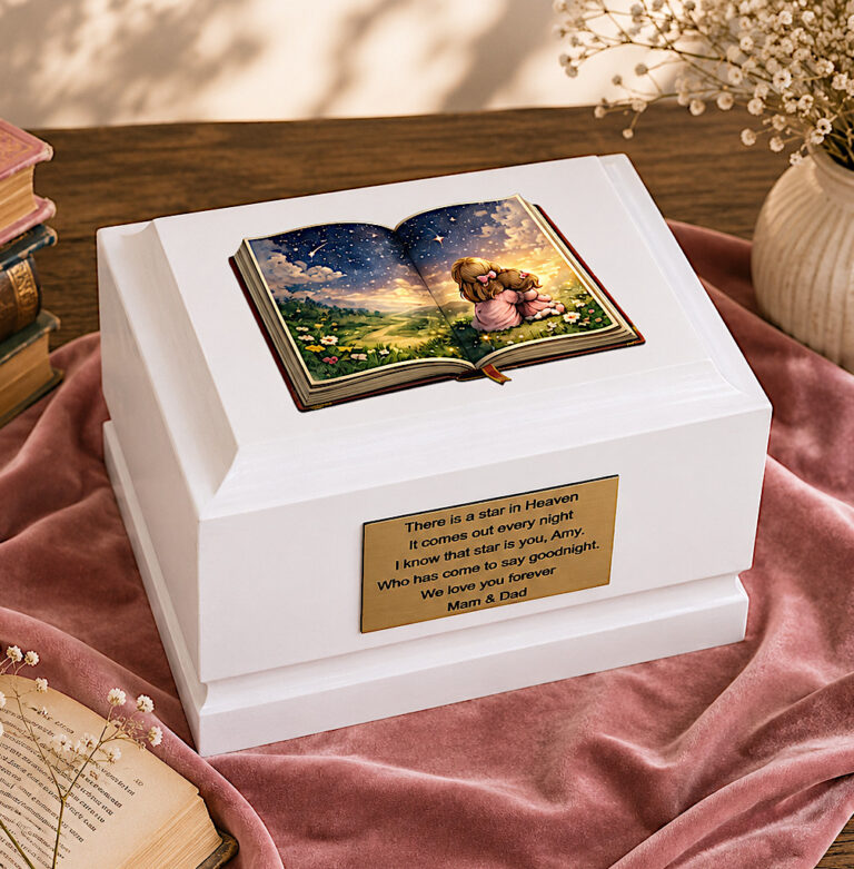 White Wooden Book Theme Girl Cremation Urn Displayed in an Elegant Memorial Setting