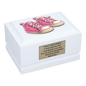 Pink Baby Shoes Child Cremation Urn – White Wooden Baby Urn for Ashes Angled Front View