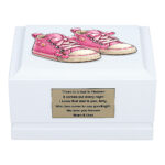 Pink Baby Shoes Child Cremation Urn – White Wooden Baby Urn for Ashes Front View
