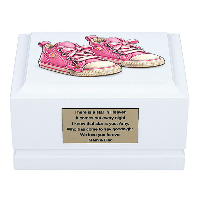 Pink Baby Shoes Child Cremation Urn – White Wooden Baby Urn for Ashes Front View