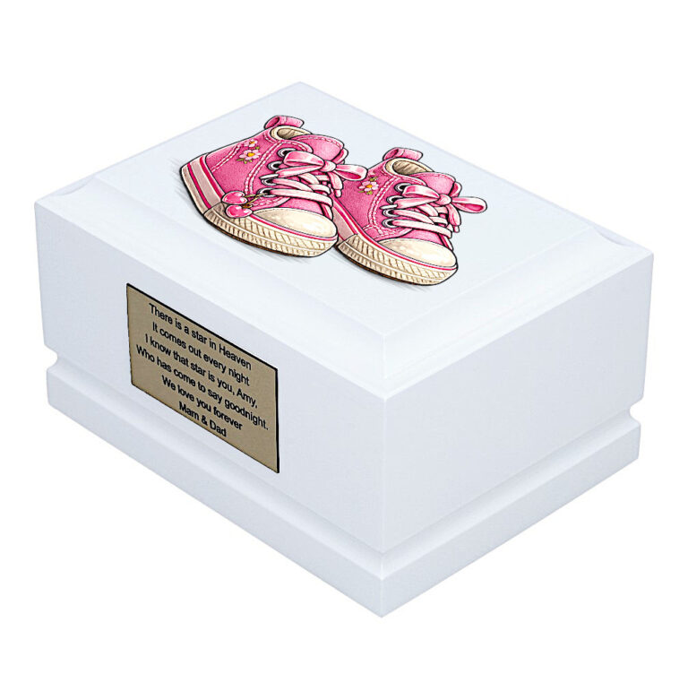 White Wooden Child Memorial Urn with Pink Baby Shoes Design – Angled View