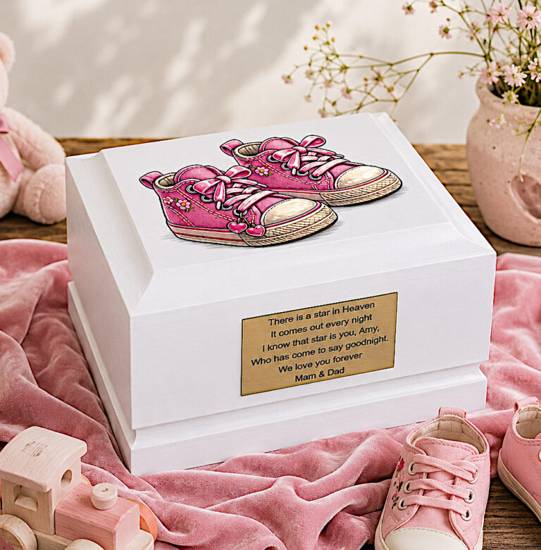 Pink Baby Shoes Baby Cremation Urn Displayed in a Gentle Memorial Setting