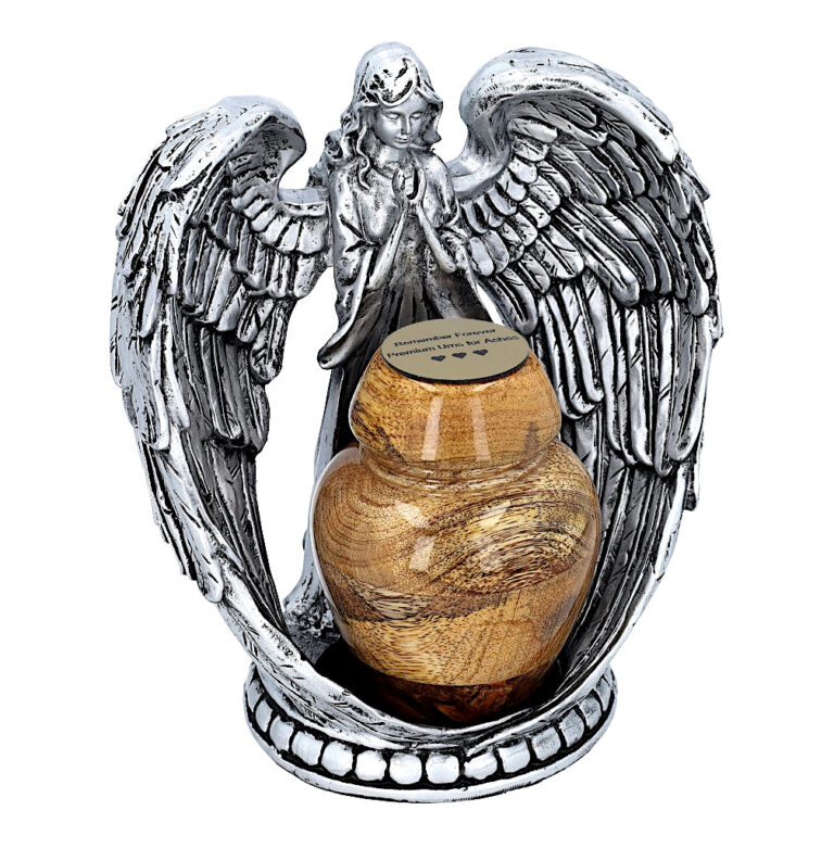 Guardian Angel keepsake memorial mini urn for ashes with wooden urn and silver angel wings