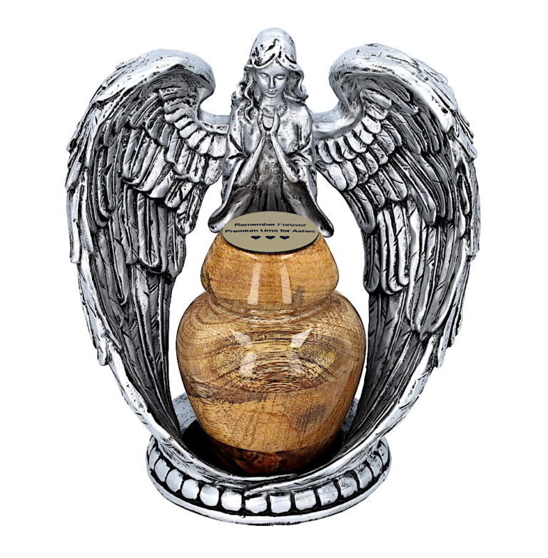 Guardian Angel mini urn for ashes with praying angel and wooden keepsake urn
