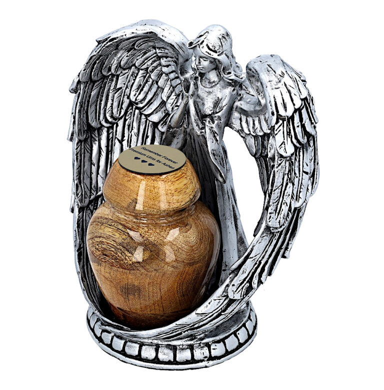 Guardian Angel remembrance urn for ashes with wooden keepsake urn