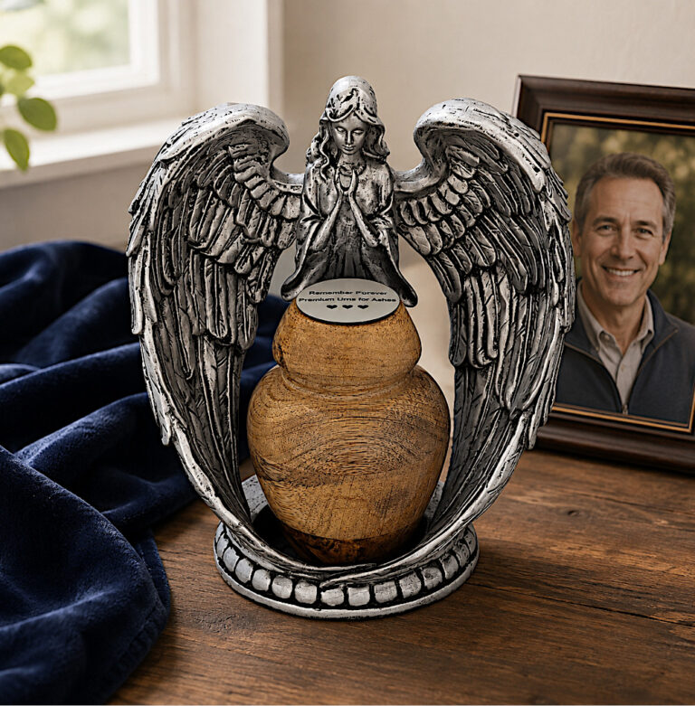 Guardian Angel keepsake urn for ashes displayed as a memorial tribute