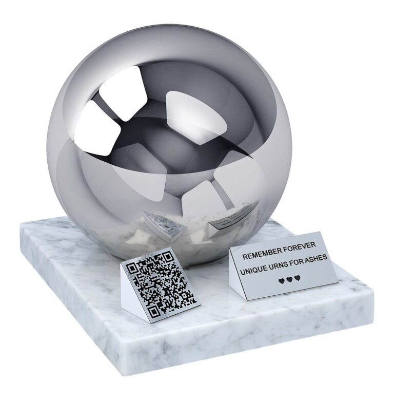 Adult urn with QR code featuring a polished sphere, white marble base, memorial plaque and QR code plaque.