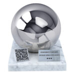 Front view of an adult urn with QR code, polished sphere, marble base and personalised memorial plaque.
