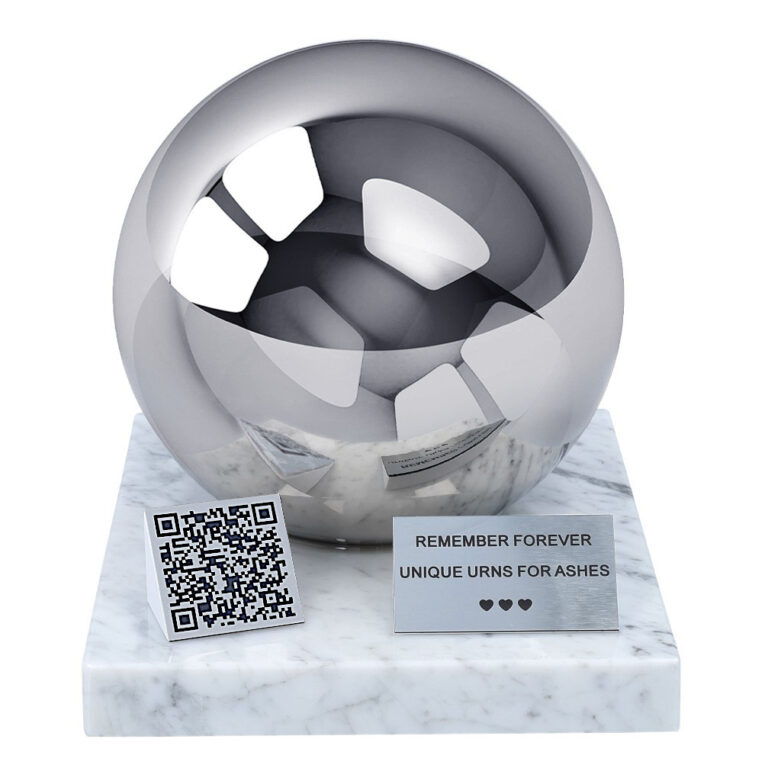 Front view of an adult urn with QR code, polished sphere, marble base and personalised memorial plaque.