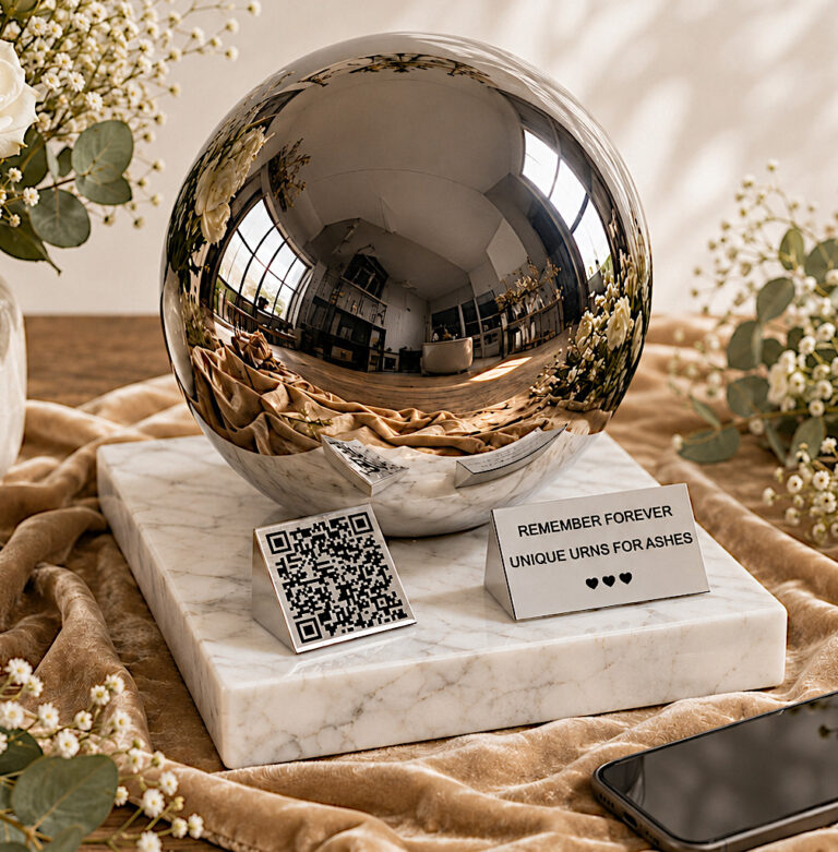 Adult memorial urn with QR code displayed with white flowers, soft fabric and a smartphone in a peaceful setting.