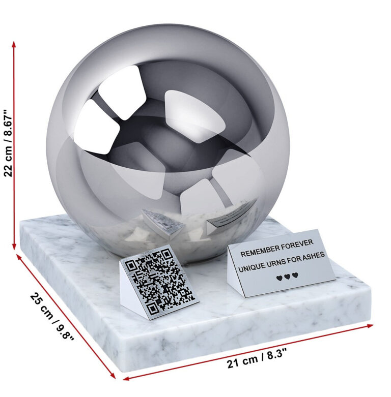 Adult urn with QR code size guide showing a height of 22 cm and marble base measuring 25 by 21 cm.