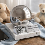 Child memorial urn with QR code displayed in a peaceful room with soft toys, a blanket and a smartphone.
