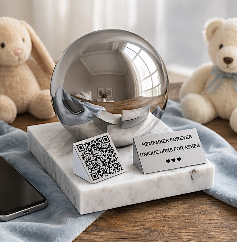 Child memorial urn with QR code displayed in a peaceful room with soft toys, a blanket and a smartphone.