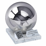 Companion urn with QR code featuring a polished sphere, marble base, memorial plaque and QR code plaque.