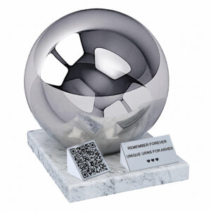 Companion urn with QR code featuring a polished sphere, marble base, memorial plaque and QR code plaque.